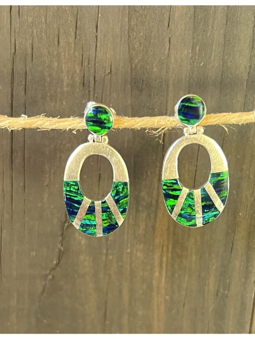 Handcrafted Sterling Silver 950 Green Opal Dangle Earrings